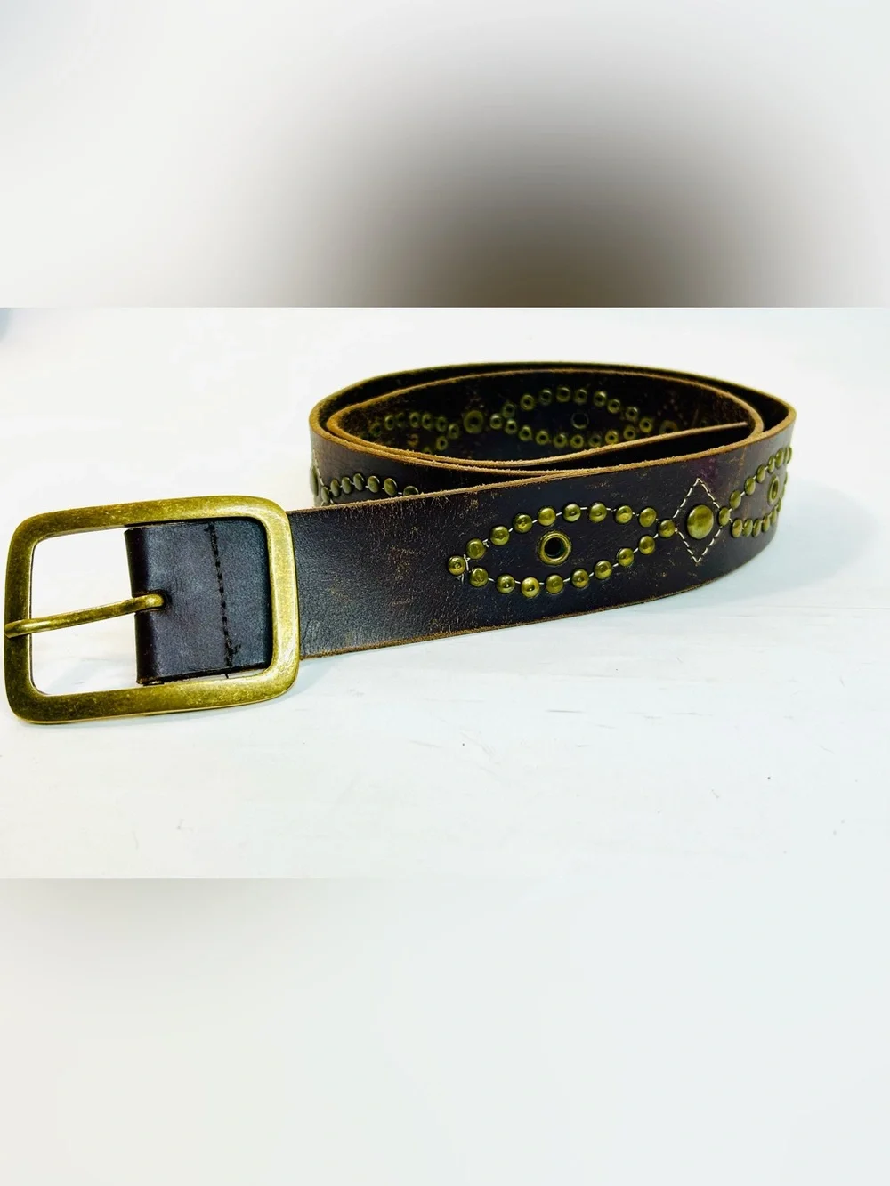 Western Brass Studded Belt, Brown Faux Leather with Studded Design